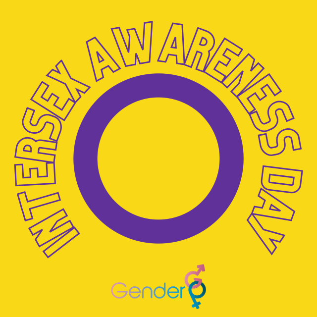 An intersex pride flag surrounded by purple lettering in a ring reading "intersex awareness day"