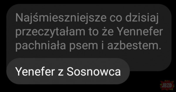 Wiadomość na messengerze: "Najśmieszniejsze co dzisiaj przeczytałam to że Yennefer pachniała psem i azbestem."
Odpowiedź: "Yennefer z Sosnowca"