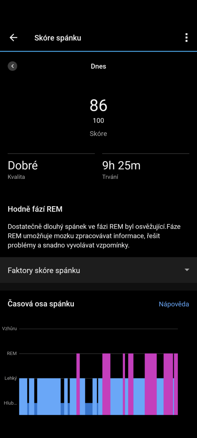 Na obrázku je screenshot z aplikace Garmin, s údaji o kvalitě spánku.