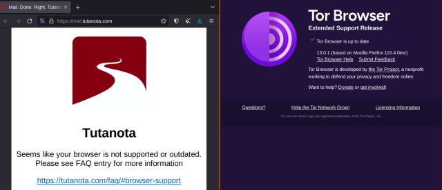A tutanota "unsupported browser" page with a tor browser version (13.0.1, latest) side by side