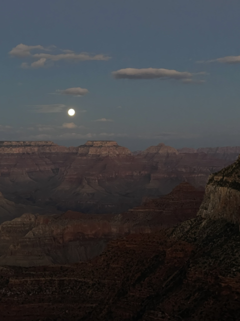 A very bright orb hovers over the edge of the Grand Canyon rim.