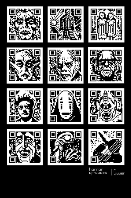 12 famous horror movie monsters in the style of QR codes.