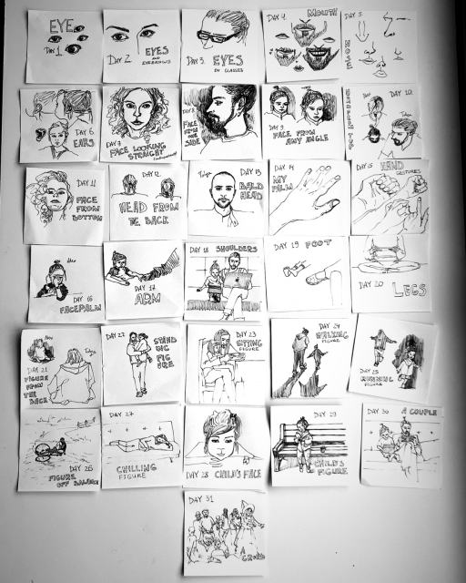 All the 31 inky sketches on a table 