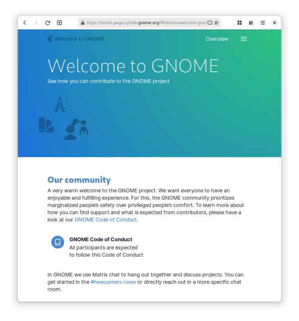 Screenshot of the new "Welcome to GNOME" website