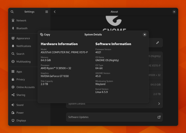 Screenshot of gnome-settings' about page show GNOME OS running on Nvidia's drivers.