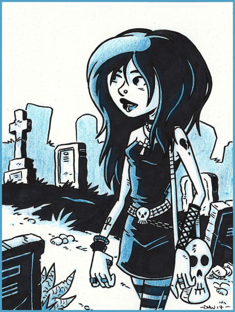 Young woman with long black hair walking in a graveyard. She has a nose stud and a lip ring. She is wearing a black dress with black and white striped leggings and is carrying a skull shaped shoulder bag. She has a black choker, a string of beads and a cross necklace around her neck, at her waist is a segmented belt with a skull buckle and a chain. On her upper  left arm is a broken heart tattoo, on her wrist and lower left arm is a fishnet armband. On her lower right arm she has an ankh tattoo and is wearing a pair of bracelets. She has a variety of rings on both hands.