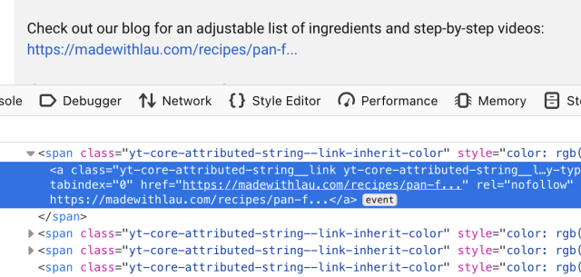 Screenshot of web inspector on youtube page