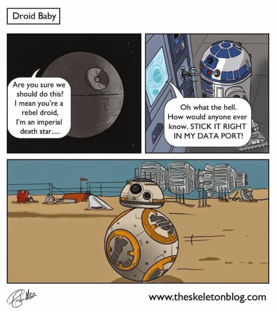 Comic strip: Droid Baby

1: The giant spherical Imperial Death Star space station says: Are you sure we should do this? I mean you're a rebel droid, I'm an imperial death star..... 

2: The dome-topped trash can shaped droid R2-D2 connects to a maintenance panel.  The Death Star continues: Oh what the hell. How would anyone ever know. STICK IT RIGHT IN MY DATA PORT! 

3: BB-8 (a new droid with a spherical design and a domed hat that resembles an R2 units head) travels across the sands of Planet Jakku. 

Credit: www.theskeletonblog.com