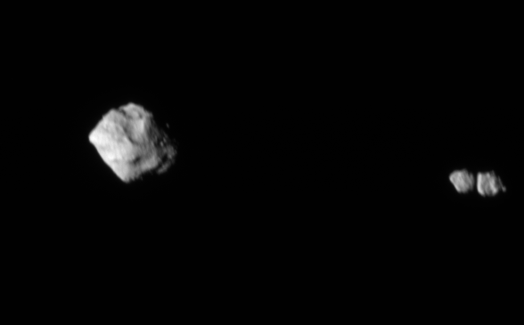This image shows the asteroid Dinkinesh and its satellite as seen by the Lucy Long-Range Reconnaissance Imager (L’LORRI) as NASA’s Lucy Spacecraft departed the system. This image was taken at 1 p.m. EDT (1700 UTC) Nov. 1, 2023, about 6 minutes after closest approach, from a range of approximately 1,010 miles (1,630 km). From this perspective, the satellite is revealed to be a contact binary, the first time a contact binary has been seen orbiting another asteroid. NASA/Goddard/SwRI/Johns Hopkins APL