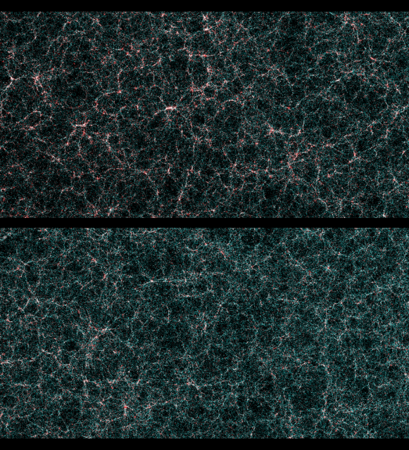View of the Universe generated using simulations.
These 2 images have been extracted from the larger image at the website.