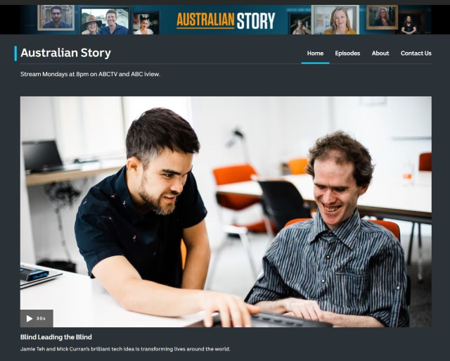 Screenshot from the Australian Story website showing a preview of the episode.  The image shows Jamie and Mick working with a Braille display and smiling.