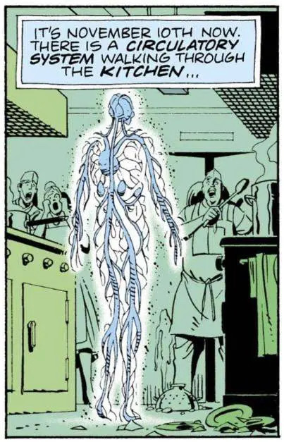 A panel from the Watchmen graphic novel depicting a man made of veins etc. walking through a kitchen