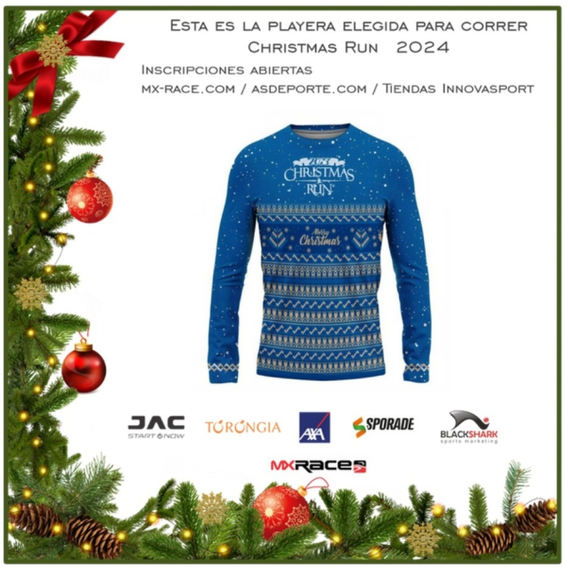 imagen de la playera que será parte del kit de la carrera de christmas run el prox 17 de diciembre

la playera es azul con decorados en colores blanco y dorado, en la parte superior dice Christmas Run en letras blancas y abajo dice Merry Christmas en dorado