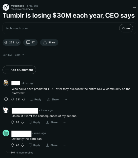 Screenshot of reddit commenters explaining that tumblr's issues are due to the porn ban.