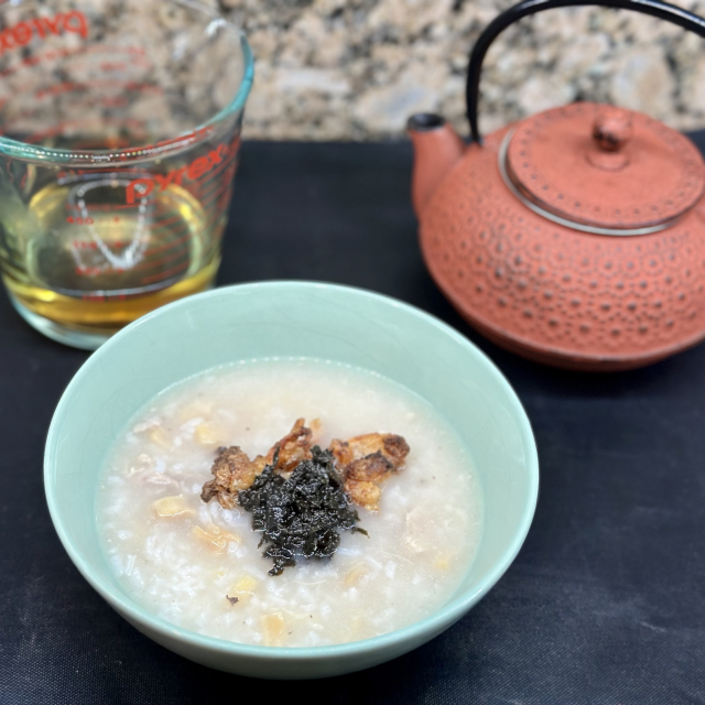 A photo of Chinese congee and Chinese tea