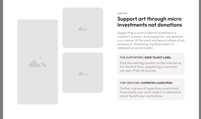 Support art through micro investments not donations. Part of landing page wireframes.