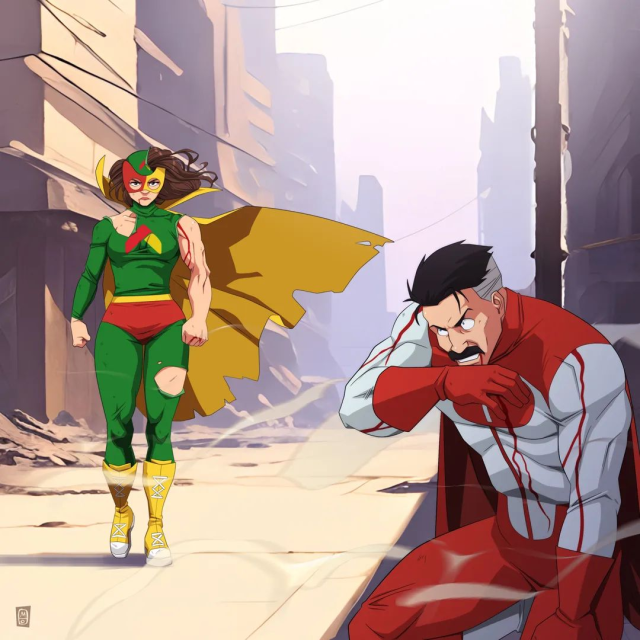 parodia de la serie animada (basada en un comic) Invincible, se le vé a omni-man tratándose de una paliza que le acaba de dar Mama Lucha, la mascota de Bodega Aurrerá, dibujada como un superhéroe de comic.