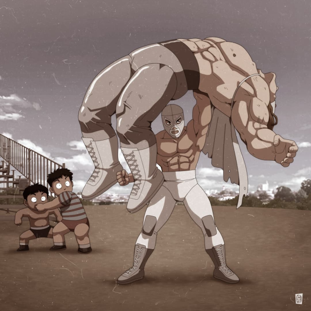 Parodia de una escena de Dragon Ball Z donde gokú derrota a Nappa y levanta su inerte cuerpo sobre su cabeza con un solo brazo, pero aqui es el luchador "El Santo el enmascarado de plata" levantando a un corpulento luchador.
