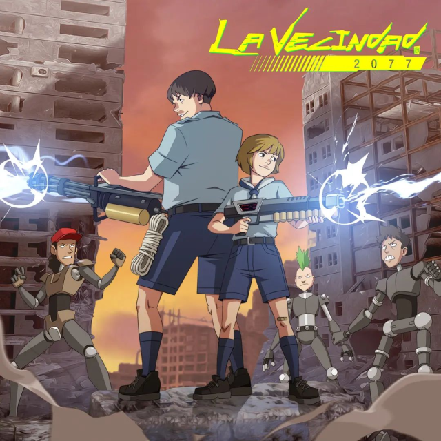 Dibujo estilo comic de "Chabelo y pepito" parodiando a la película "Chabelo y pepito vs los monstruos" pero llevan armas pesadas y están rodeados de robots.