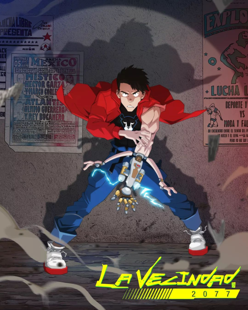 Pancho Pantera (mascota de Chocomilk) pero dibujado al estilo del anime Cyberpunk: Edgerunners (basado en el juego Cyberpunk 2077), su brazo ha sido modificado y su mano se abre dejando al descubierto su interior metálico