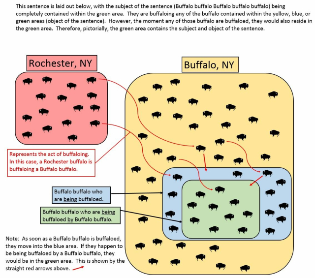 Diagram attempting to explain the lexically ambiguous "Buffalo buffalo Buffalo buffalo" sentence using boxes and labels for groups of buffalo.
