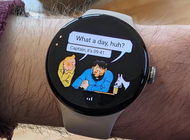 Pixel watch with a watch face with the "What a week, huh"-meme.

The Captain says "What a day, huh?"
Tintin says "Captain it's 09:41"