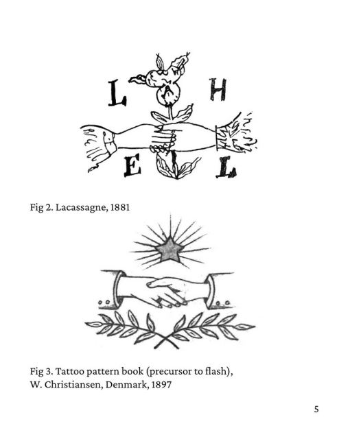 Sample from zine with two drawings of clasped hands and foliage