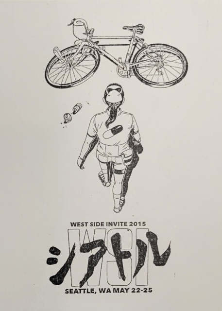 Post card flyer with a line drawing of a person approaching a bike. The person is wearing a shirt with a pill printed on the back. The style and perspective are an homage to the poster for Akira.