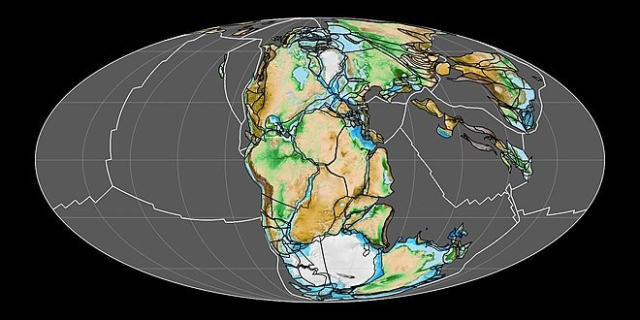 The supercontinent Pangaea in the early Mesozoic (at 200 Ma)

https://en.m.wikipedia.org/wiki/Pangaea#/media/File%3APangaea_200Ma.jpg