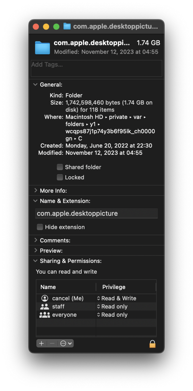 A finder Get Info window for the com.apple.desktoppicture folder, showing space usage of 1.74GB.