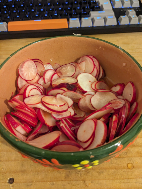 un plato de rábanos con limón y sal. Realmente están ahogados en el jugo de dos limones grandes y eran bastantes rábanos