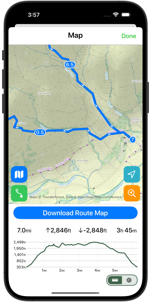A screenshot of Pedometer++ showing a planned hike up the Langdale Pikes in the Lake District.  Along the route there are mile markers every 0.5 miles and then arrows along the route every 1/8th of a mile showing which way to follow the track.