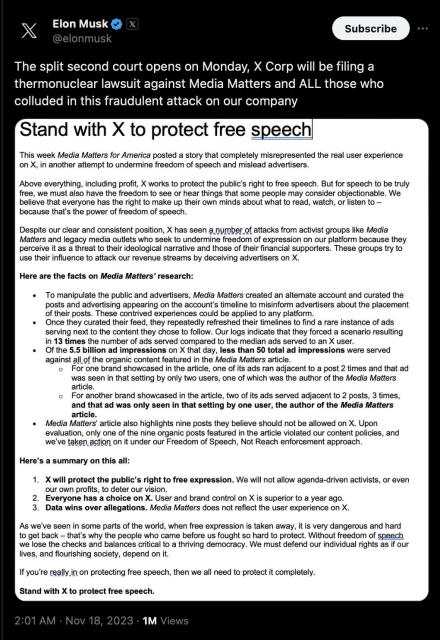 Mr. Musk’s post announcing he will be suing Media Matters.