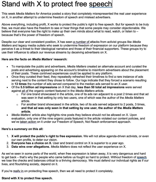 Musk’s document suing Media Matters. I can’t include its text as it exceeds the alt text limit of Mastodon. Sorry. 