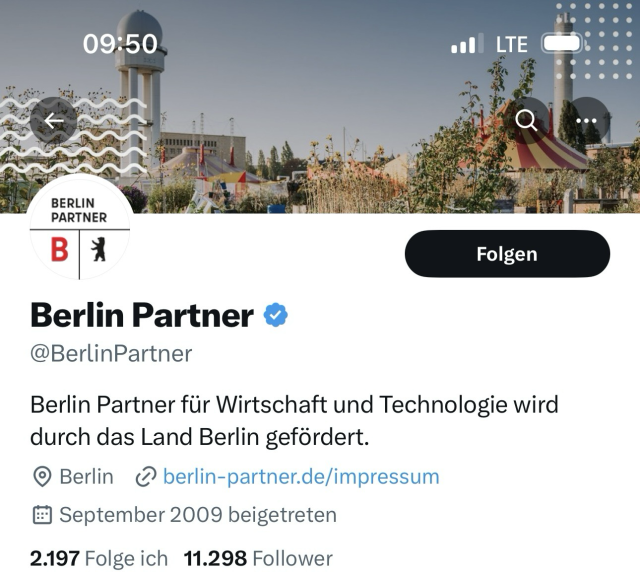 Berlin Partner • @BerlinPartner Berlin Partner für Wirtschaft und Technologie wird durch das Land Berlin gefördert. @Berlin@berlin-partner.de/impressum ® September 2009 beigetreten 2.197 Folge ich 11.298 Follower