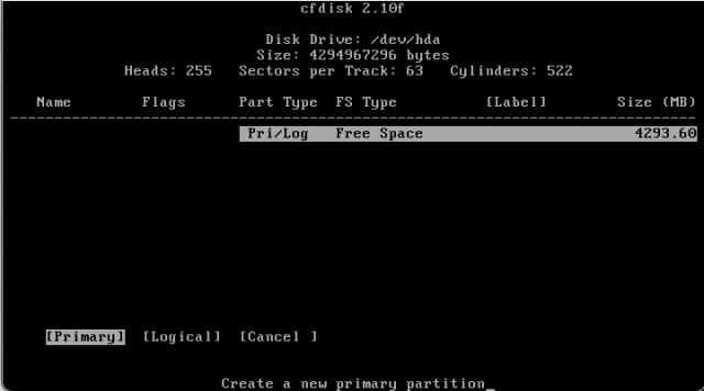cfdisk interfrace - adding new partition