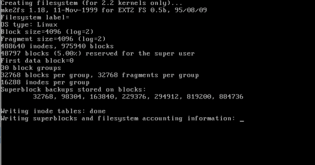 The actual formatting process. It's a console screen showing mke2fs running
