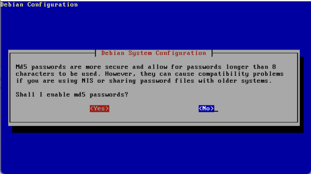 Debian configuration asks "Shall I enable md5 passwords?"