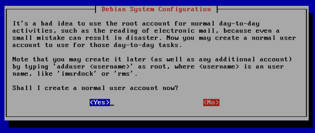Debian configurator: explainer why using root is bad and what to do about it (create regular user)