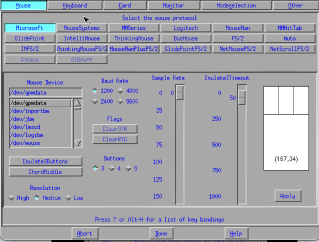 Mouse configuration screen XF86 Setup
