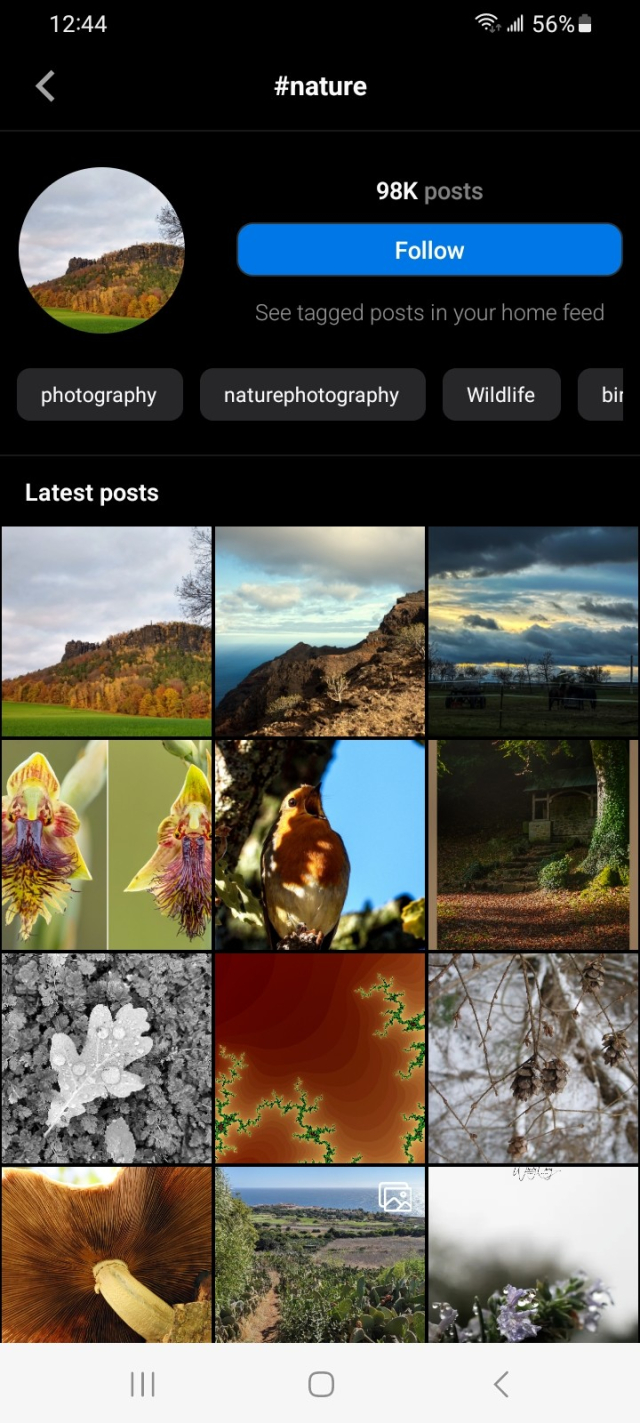 Pixelfed for Android mobile app showing the nature hashtag feed with related hashtags and a follow button