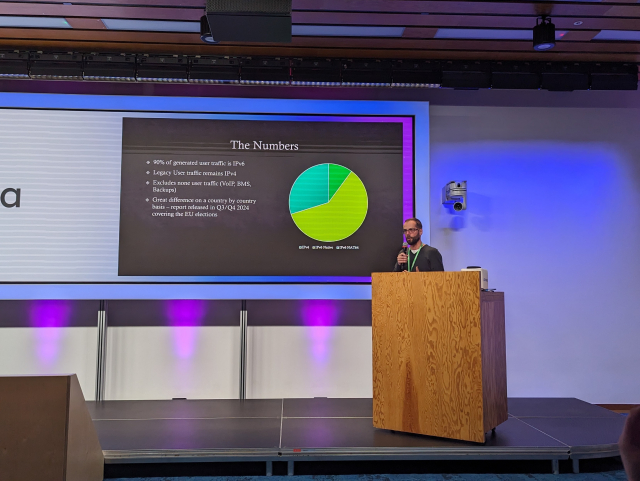 A shot of the speaker presenting a pie chart of network traffic