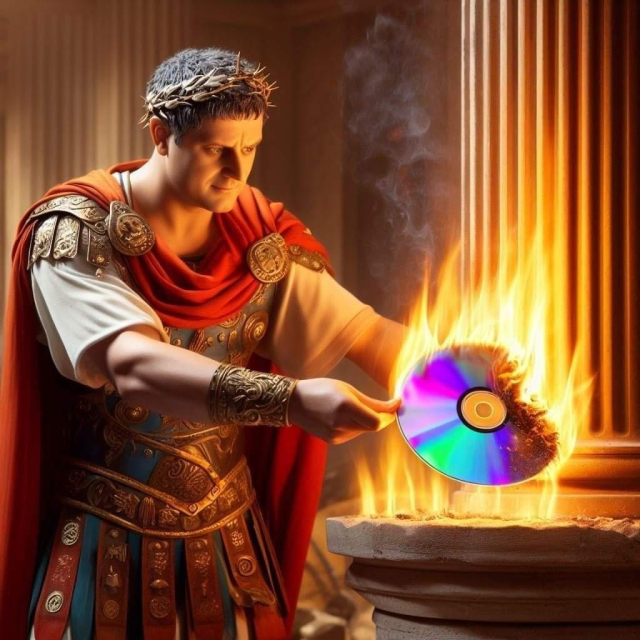 Generated image of the Roman Emperor Nero burning a CD over a fire on a pedestal.