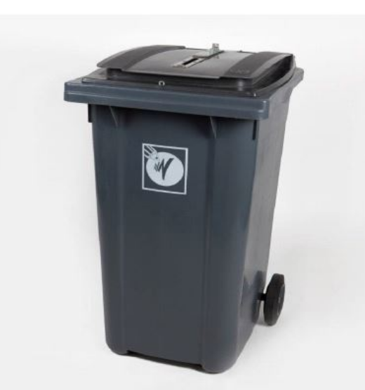A wheely bin (garbage bin) equipped with a logo of a pencil filling in a circle. On top there is a slot through which ballots can be inserted. 