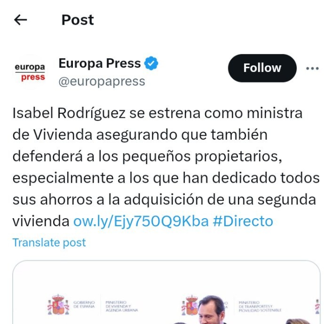 Tuit de Europa Press: "Isabel Rodríguez se estrena como ministra de Vivienda asegurando que también defenderá a los pequeños propietarios, especialmente a los que han dedicado todos sus ahorros a la adquisición de una segunda vivienda"