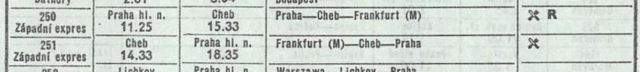A table showing train 250 Západní expres from Praha hl. n. 11.25 to Cheb 15.33 running onwards to Frankfurt (M) and 251 Cheb 14.33 to Praha hl.n. 18.35 coming from Frankfurt (M).
