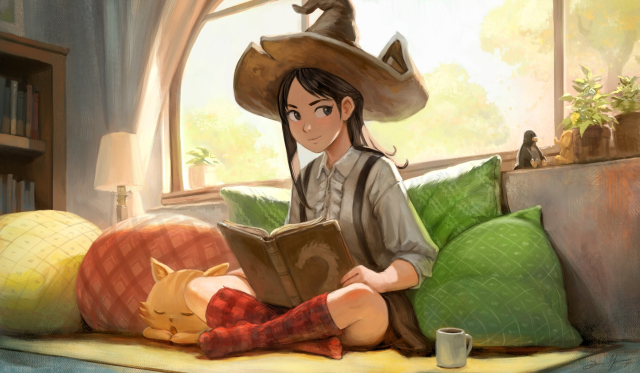 A detailed digital painting illustration of Pepper&Carrot: Pepper the witch reads a book on a cozy room with many  large decorative pillows around. Her cat Carrot sleep next to her. Behind her, a large windows where the leaves of trees are falling.

License: CC-By