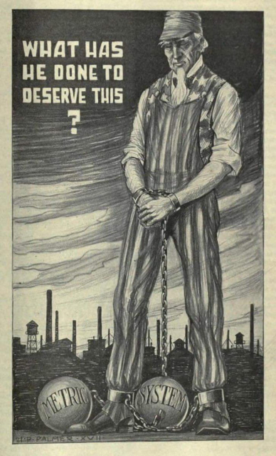 A propaganda poster picturing a man, chained to the metric system, represented as heavy weights, along with a text reading: "What has he done to deserve this?"