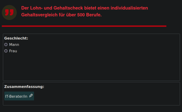 Abfrage-Formular für den Check auf Jahresgehalt für IT-Beratung. Es muss angegeben werden, ob man Männlein oder Weiblein ist.