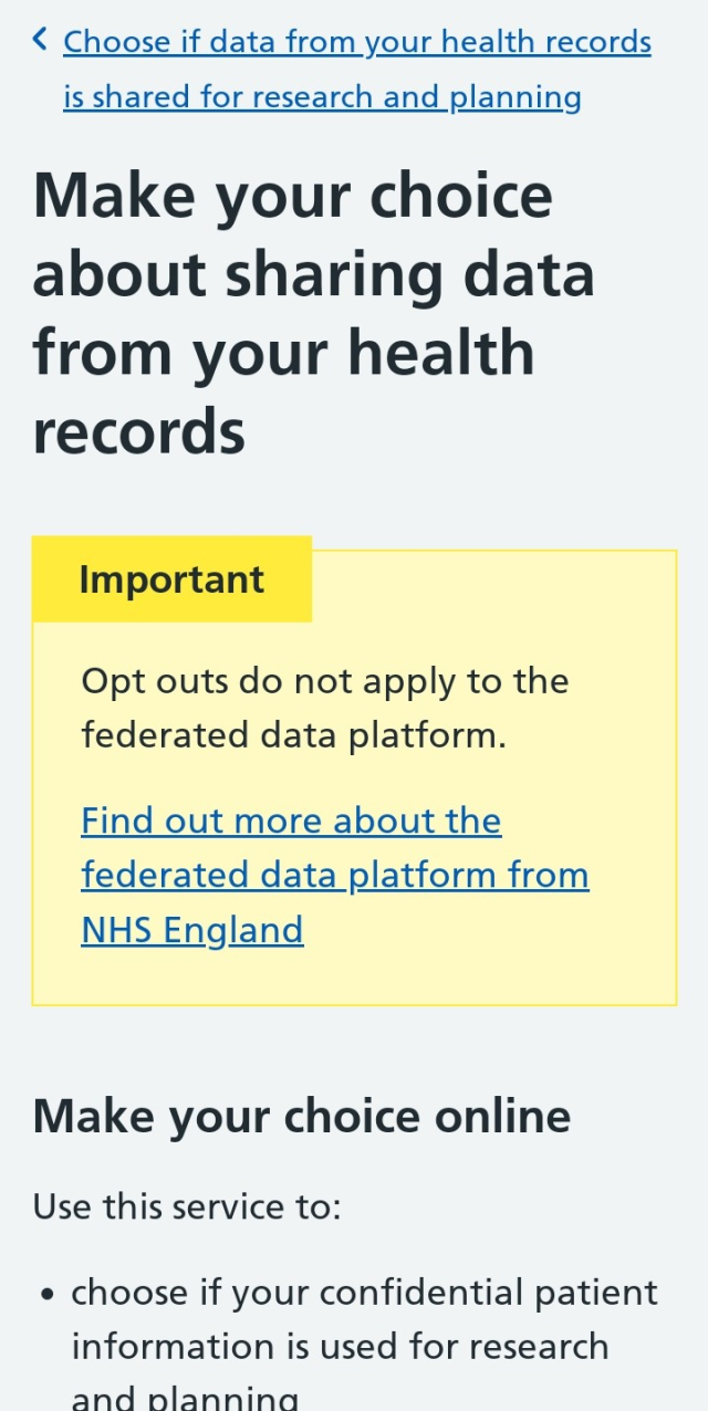 An screenshot of the NHS England website showing that you cannot opt out of the new federated data platform 